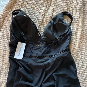 Meet Curve Black lattice plunge Swim dress with adjustable straps